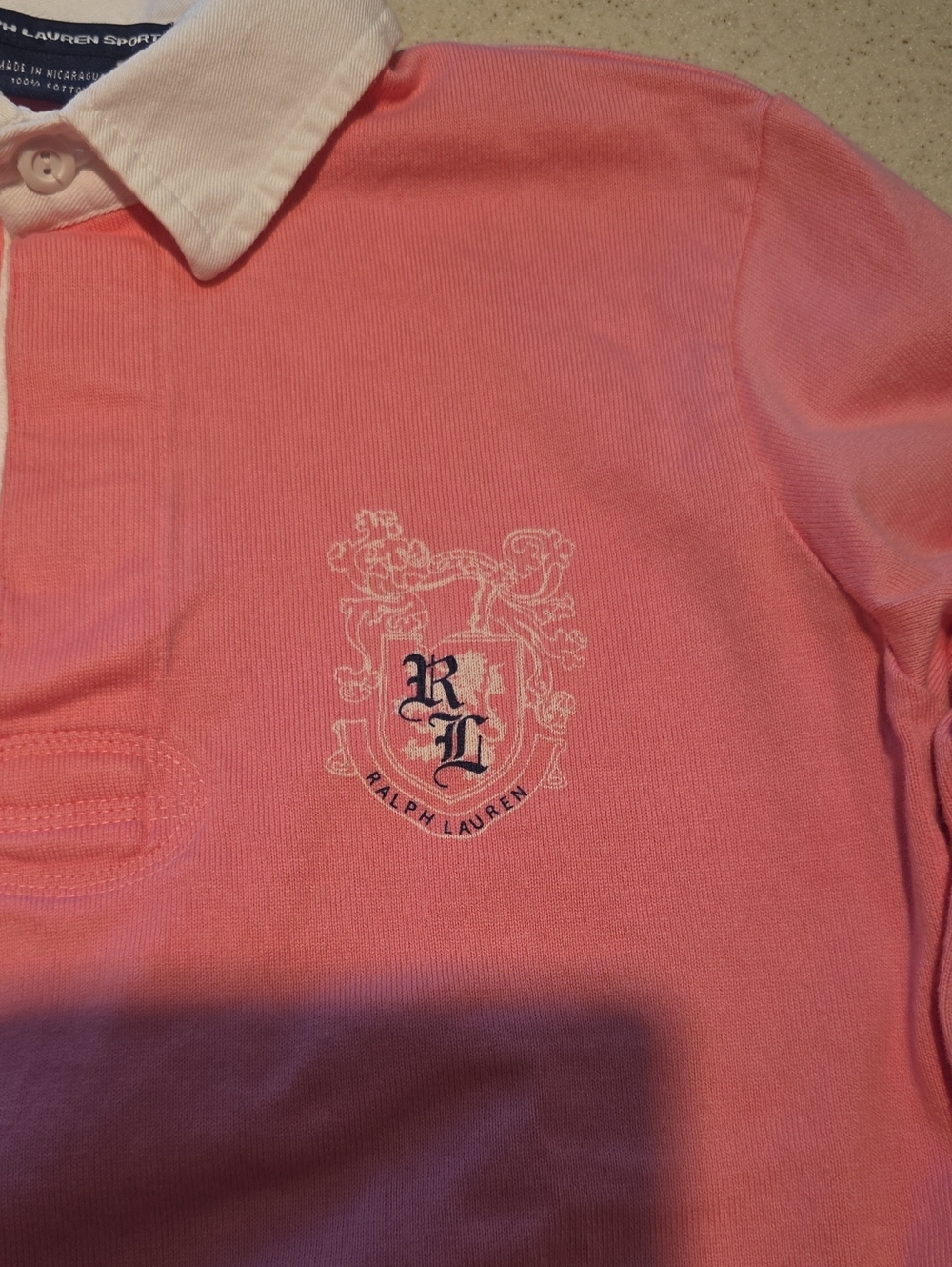 Ralph Lauren Coral Pink Long-Sleeve Rugby Polo with White Collar - Picture 4 of 4